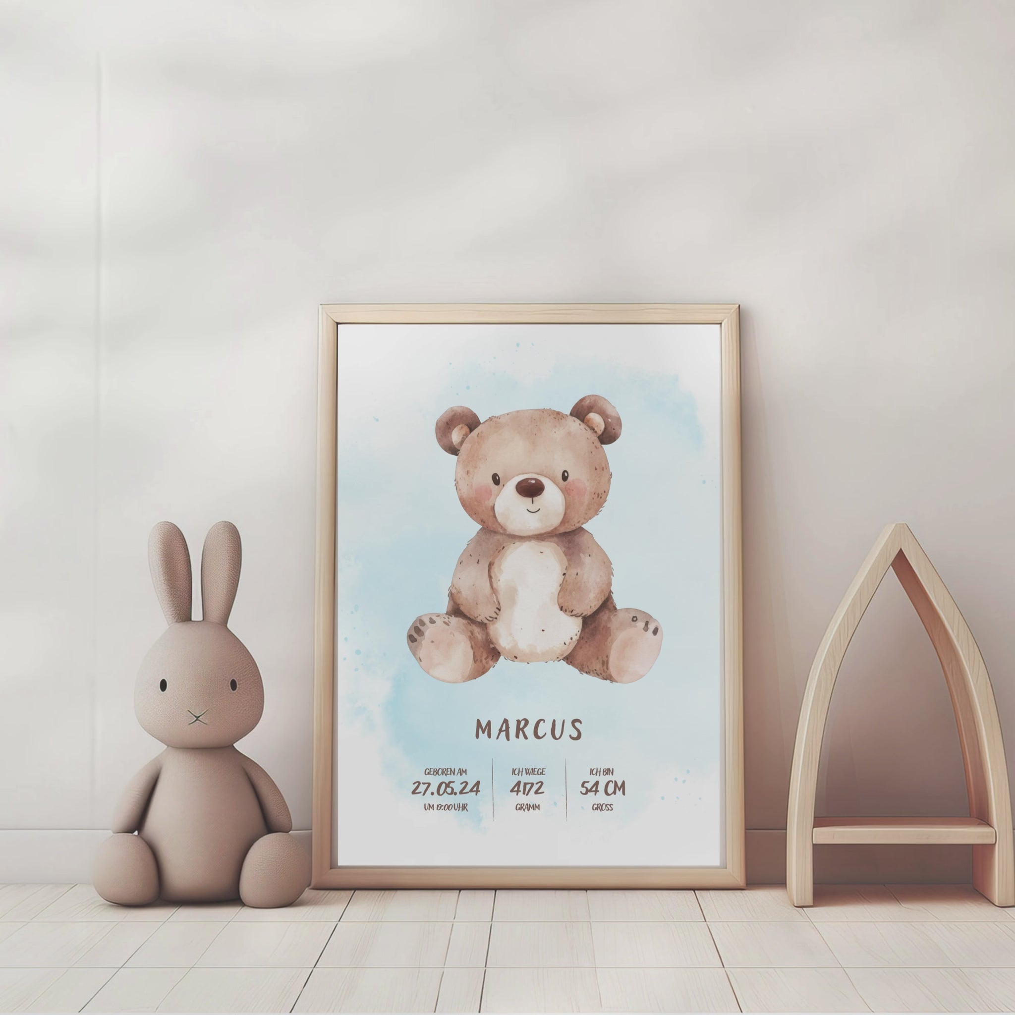 Geburtsposter mit den Geburtsdaten des Kindes (personalisierbar) und ein süßer Teddybär